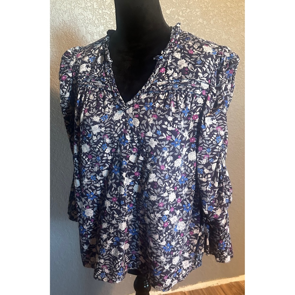 Democracy Womens Floral V-Neck Ruffle Blouse Blue 3/4 Sleeve Top L Cottagecore - Picture 6 of 16